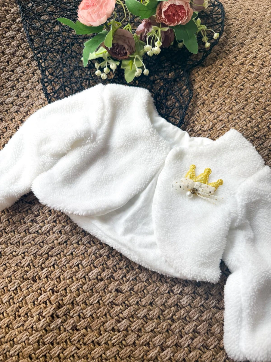 Peluş Kız Çocuk Uzun Kollu Taç Detaylı Bolero - BEYAZ