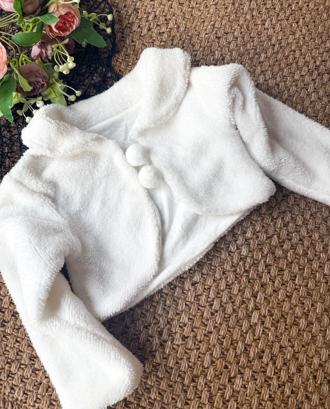 Peluş Kız Çocuk Uzun Kollu Ponponlu Bolero - BEYAZ