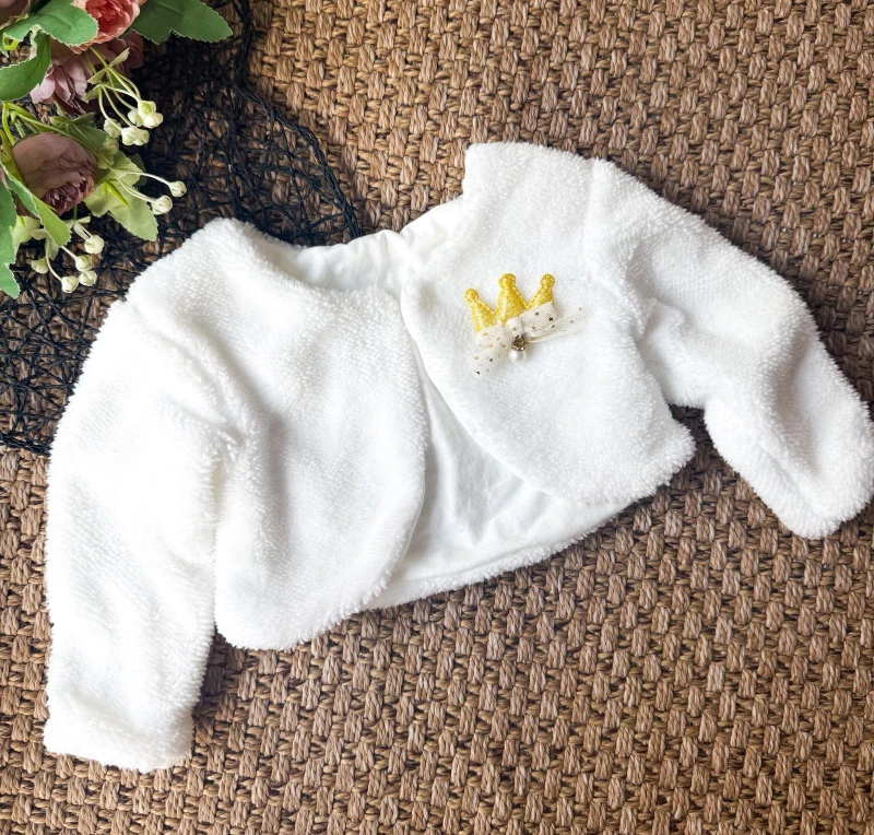 Peluş Kız Çocuk Uzun Kollu Taç Detaylı Bolero - BEYAZ