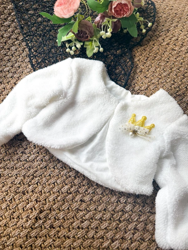 Peluş Kız Çocuk Uzun Kollu Taç Detaylı Bolero - BEYAZ