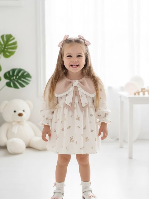 LOUISE Fiyonk Yaka Uzun Kollu Bayramlık Özel Gün Kız Bebek Elbise - BEJ