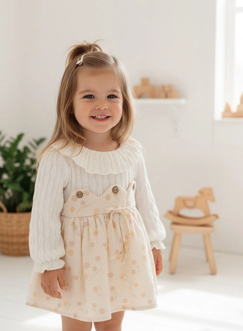 CLARA Uzun Kollu Etekli Özel Gün Bayramlık Kız Bebek Elbise - BEJ