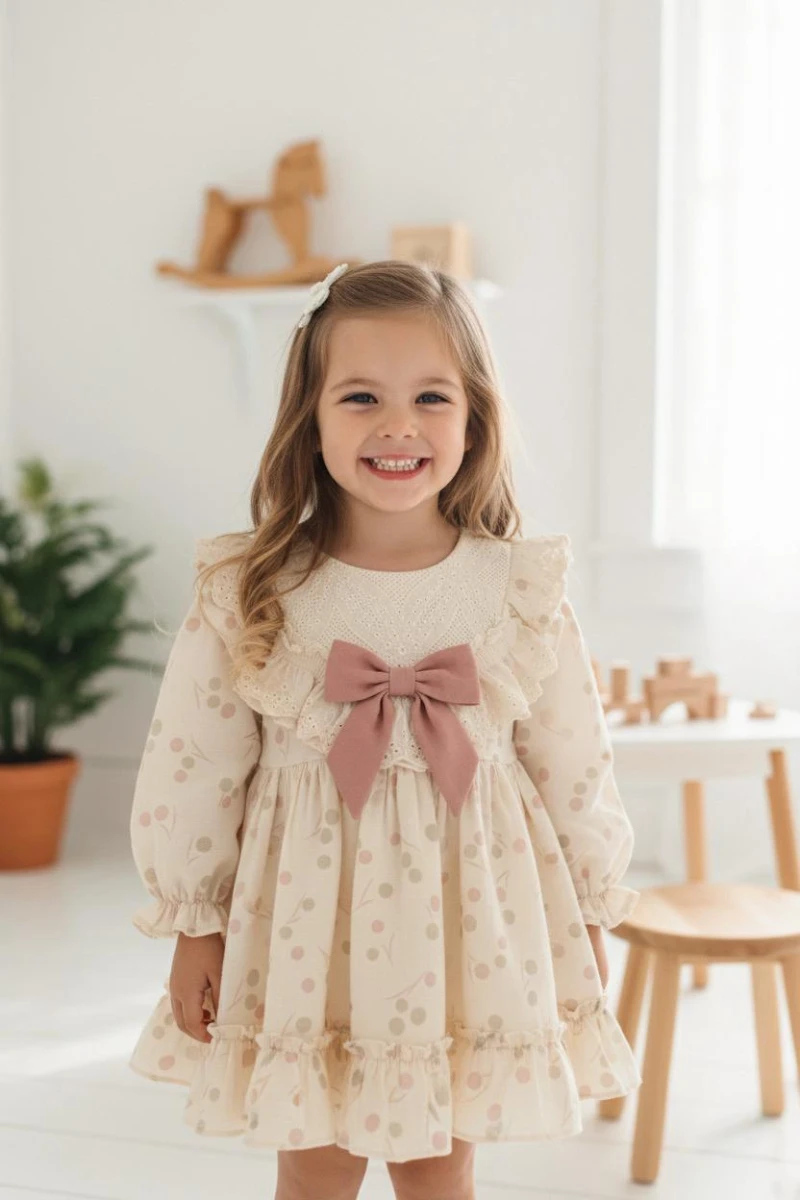 LİNA Uzun Kollu Kurdele Detaylı Kız Çocuk Özel Gün Bayramlık Elbise  - GÜL KURUSU