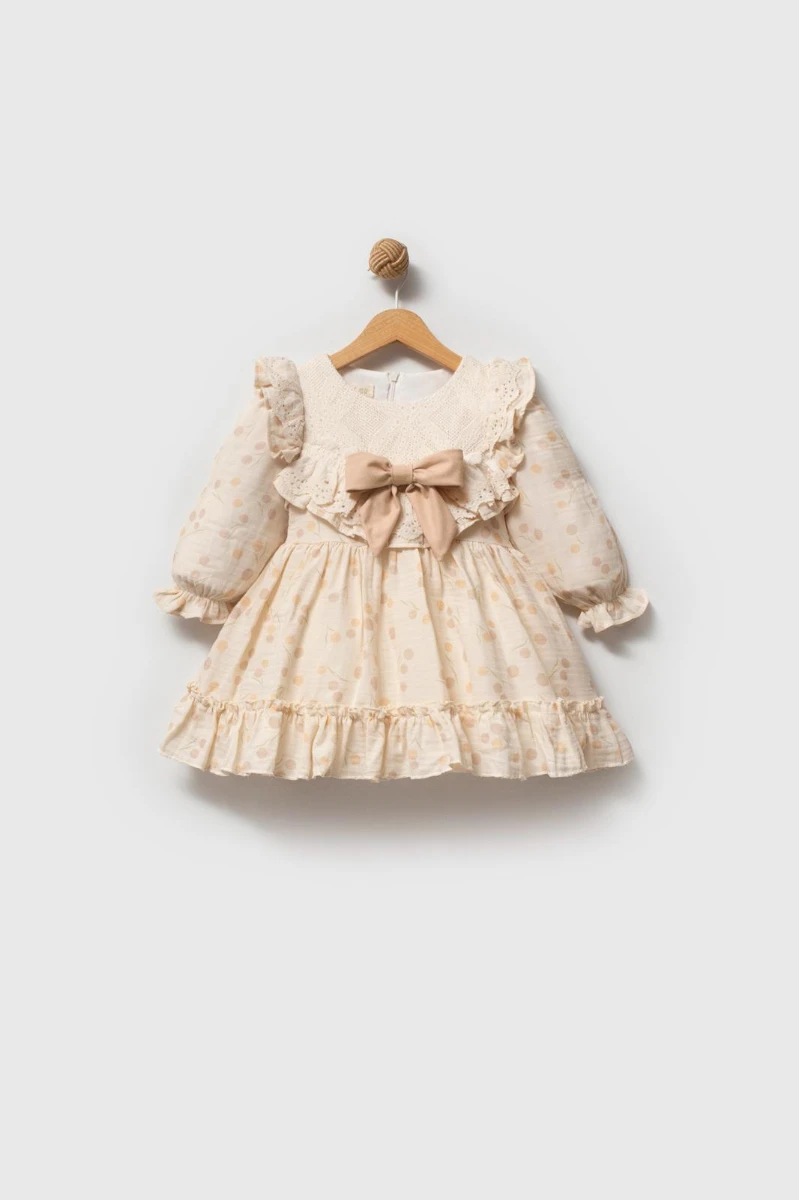 LİNA Uzun Kollu Kurdele Detaylı Kız Çocuk Özel Gün Bayramlık Elbise  - BEJ