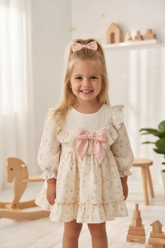 LİNA Uzun Kollu Kurdele Detaylı Kız Çocuk Özel Gün Bayramlık Elbise  - PUDRA