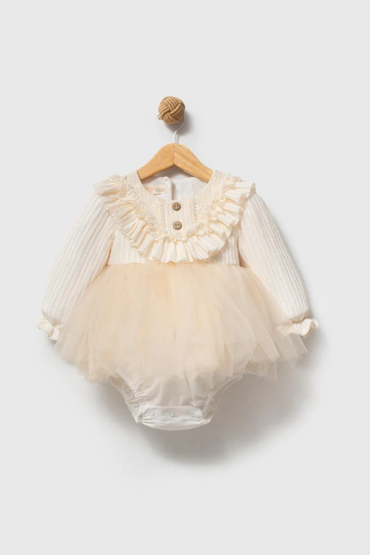 MERY  Uzun Kollu Özel Gün Bayramlık Kız Bebek Elbise  - EKRU