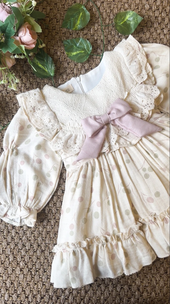 LİNA Uzun Kollu Kurdele Detaylı Kız Çocuk Özel Gün Bayramlık Elbise  - GÜL KURUSU