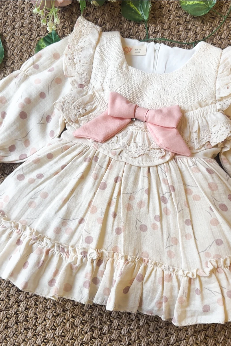 LİNA Uzun Kollu Kurdele Detaylı Kız Çocuk Özel Gün Bayramlık Elbise  - PUDRA