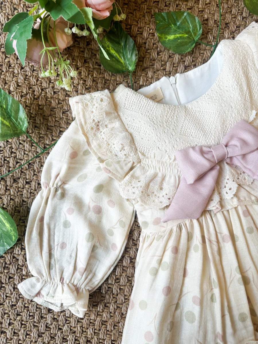 LİNA Uzun Kollu Kurdele Detaylı Kız Çocuk Özel Gün Bayramlık Elbise  - GÜL KURUSU