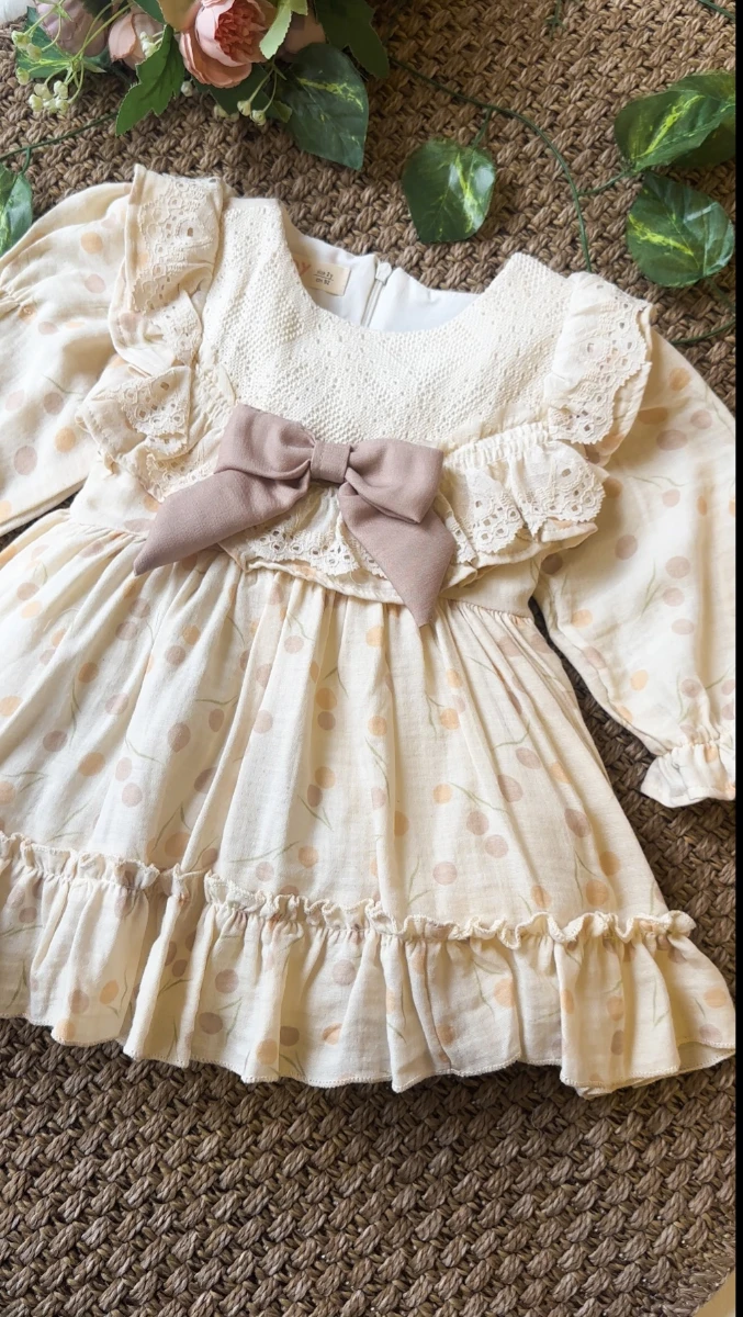 LİNA Uzun Kollu Kurdele Detaylı Kız Çocuk Özel Gün Bayramlık Elbise  - BEJ