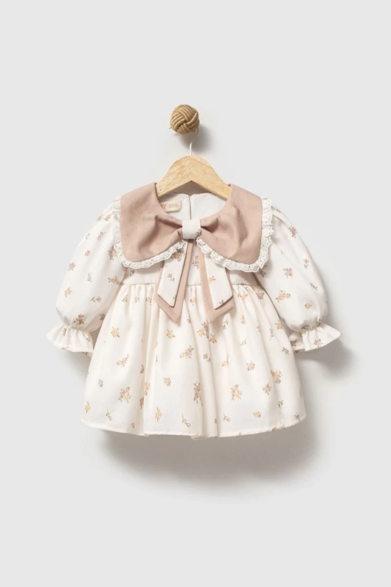 LOUISE Fiyonk Yaka Uzun Kollu Bayramlık Özel Gün Kız Bebek Elbise - BEJ