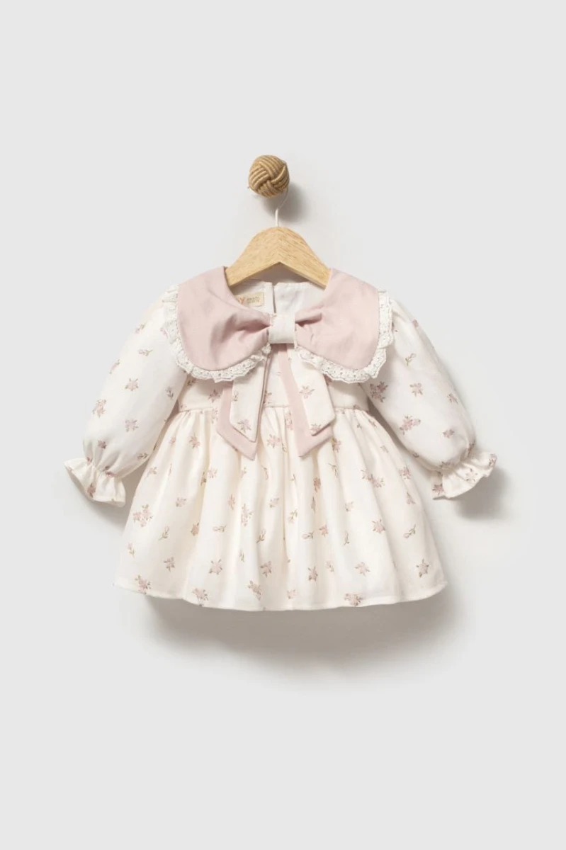 LOUISE Fiyonk Yaka Uzun Kollu Bayramlık Özel Gün Kız Bebek Elbise - PUDRA