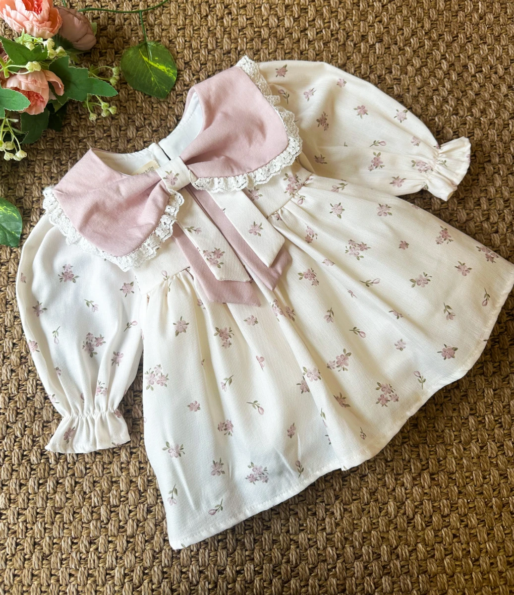 LOUISE Fiyonk Yaka Uzun Kollu Bayramlık Özel Gün Kız Bebek Elbise - PUDRA