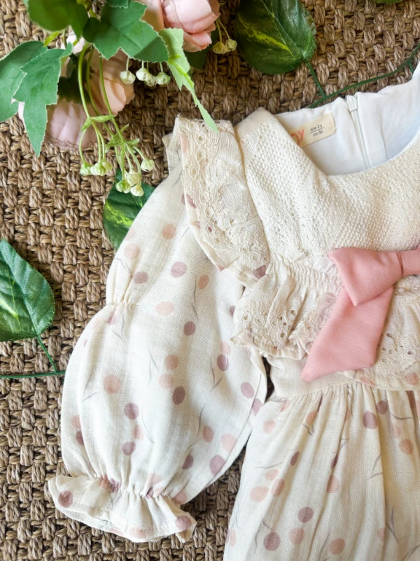 LİNA Uzun Kollu Kurdele Detaylı Kız Çocuk Özel Gün Bayramlık Elbise  - PUDRA