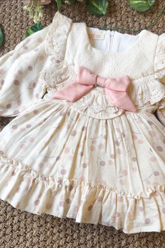 LİNA Uzun Kollu Kurdele Detaylı Kız Çocuk Özel Gün Bayramlık Elbise  - PUDRA