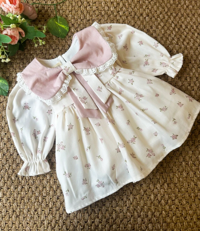 LOUISE Fiyonk Yaka Uzun Kollu Bayramlık Özel Gün Kız Bebek Elbise - PUDRA