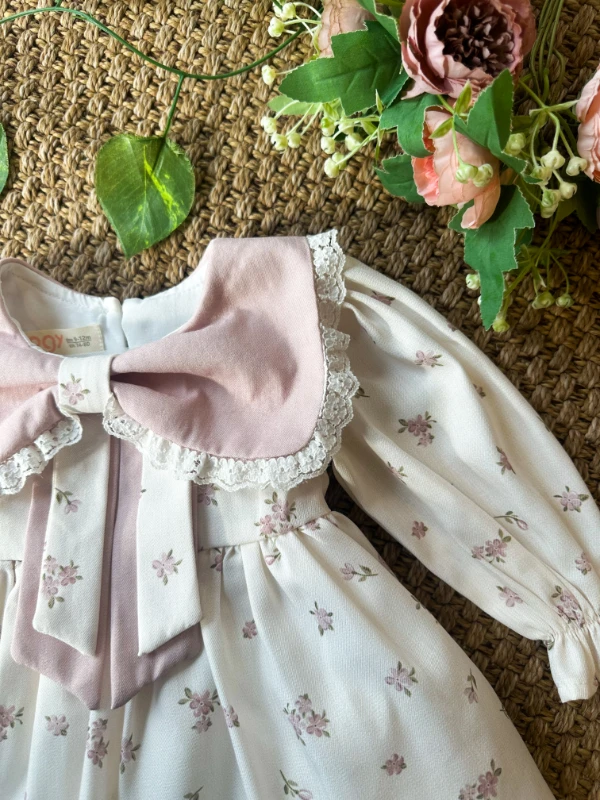 LOUISE Fiyonk Yaka Uzun Kollu Bayramlık Özel Gün Kız Bebek Elbise - PUDRA