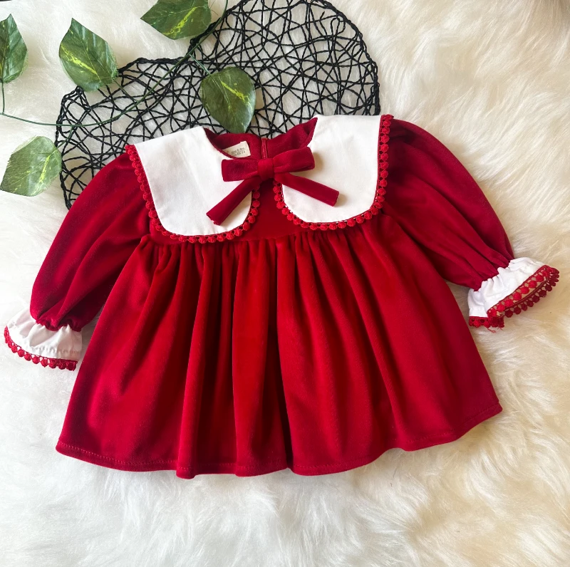 VALERY Kız Bebek Kırmızı Kadife Uzun Kollu Özel Gün Bayramlık Elbise  - KIRMIZI