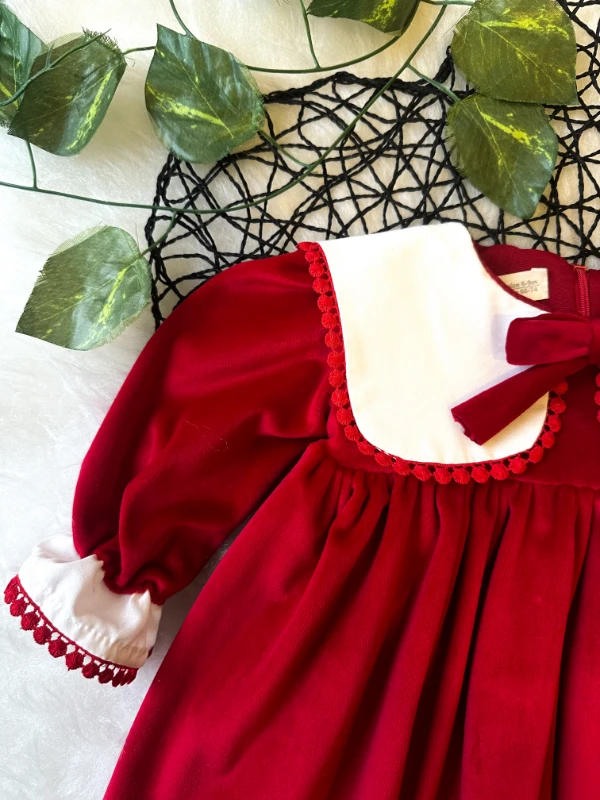 VALERY Kız Bebek Kırmızı Kadife Uzun Kollu Özel Gün Bayramlık Elbise  - KIRMIZI