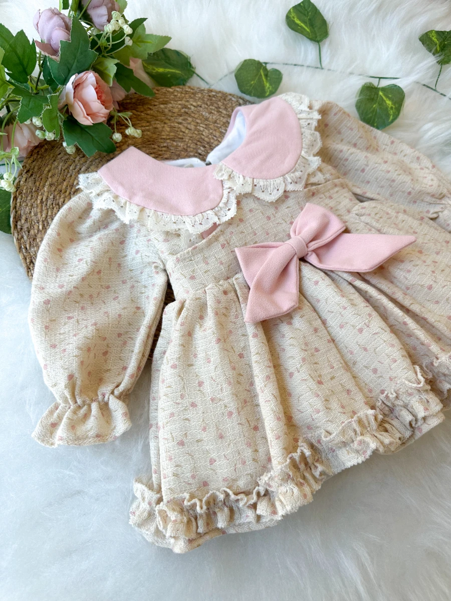 BETTY Kız Bebek Uzun Kollu Dantel Yaka Detaylı Özel Gün Bayramlık Elbise - PUDRA