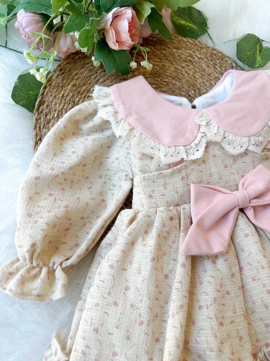 BETTY Kız Bebek Uzun Kollu Dantel Yaka Detaylı Özel Gün Bayramlık Elbise - PUDRA