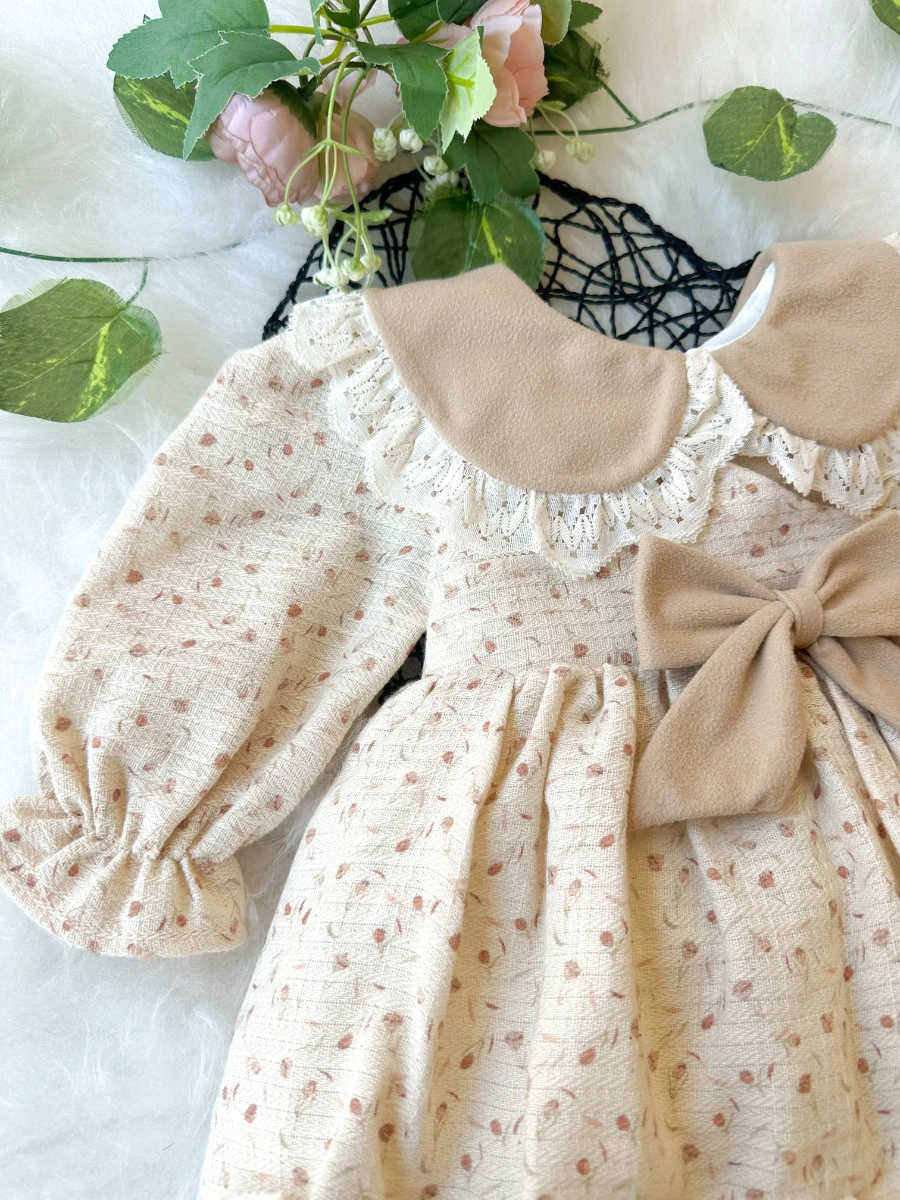 BETTY Kız Bebek Uzun Kollu Dantel Yaka Detaylı Özel Gün Bayramlık Elbise - BEJ