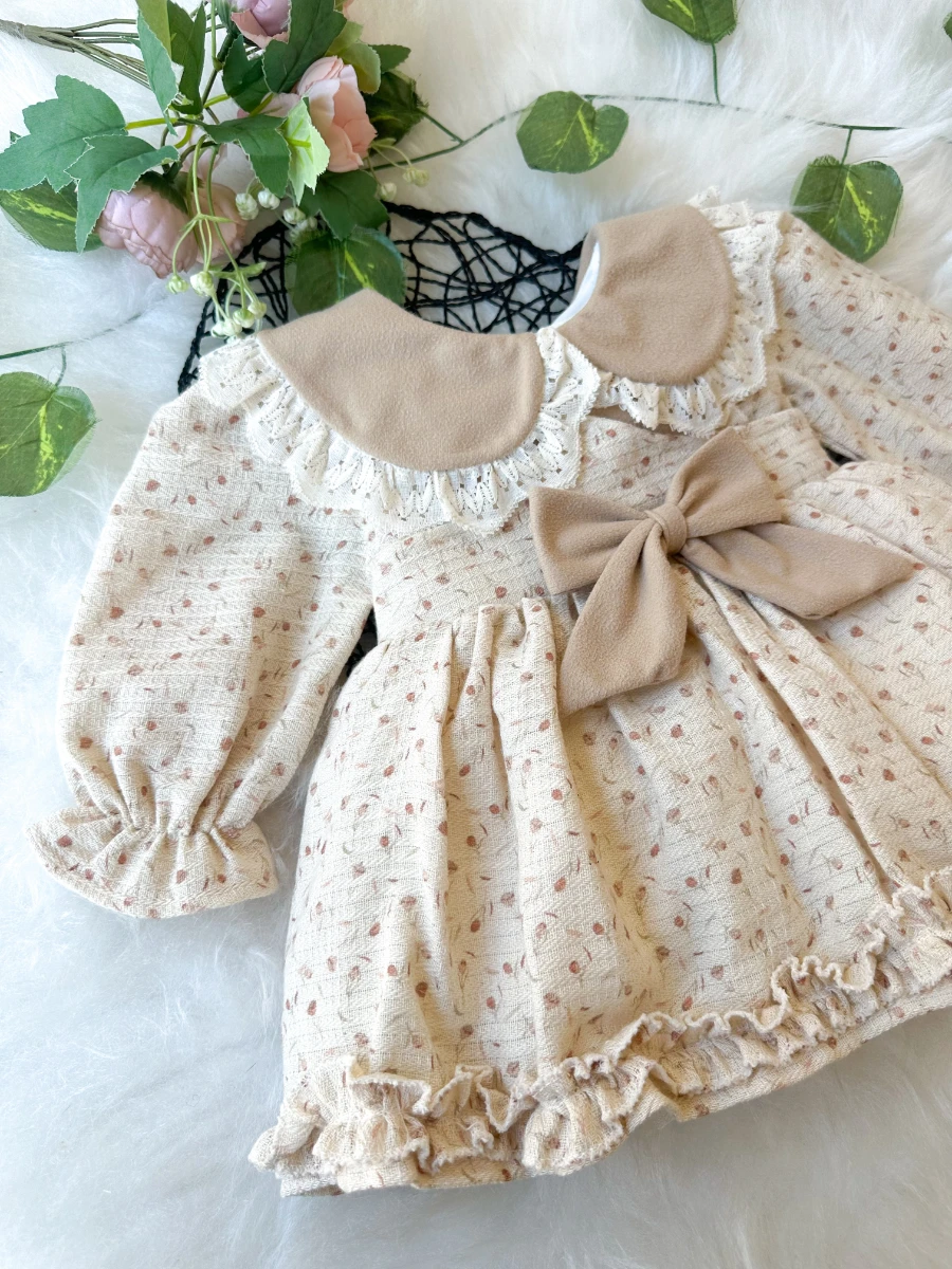 BETTY Kız Bebek Uzun Kollu Dantel Yaka Detaylı Özel Gün Bayramlık Elbise - BEJ