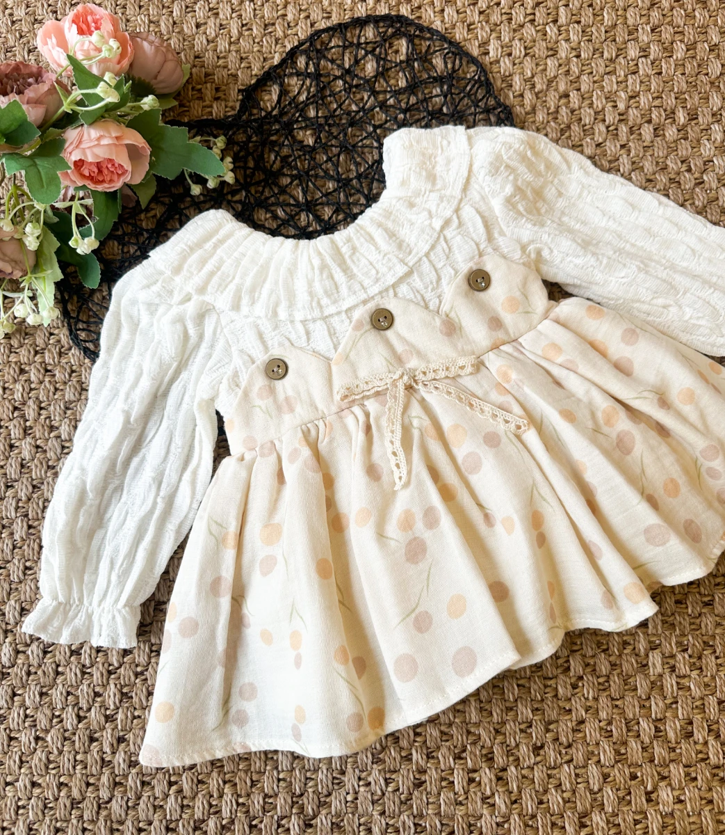 CLARA Uzun Kollu Etekli Özel Gün Bayramlık Kız Bebek Elbise - BEJ