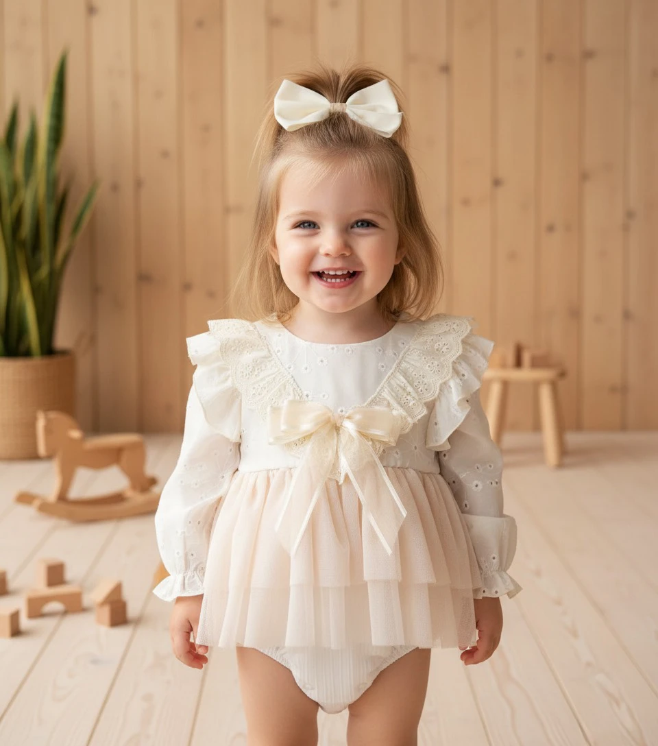 ELİSE Krem Yumuşak Tütü Romper Uzun Kollu Kız Bebek Elbise  - KREM