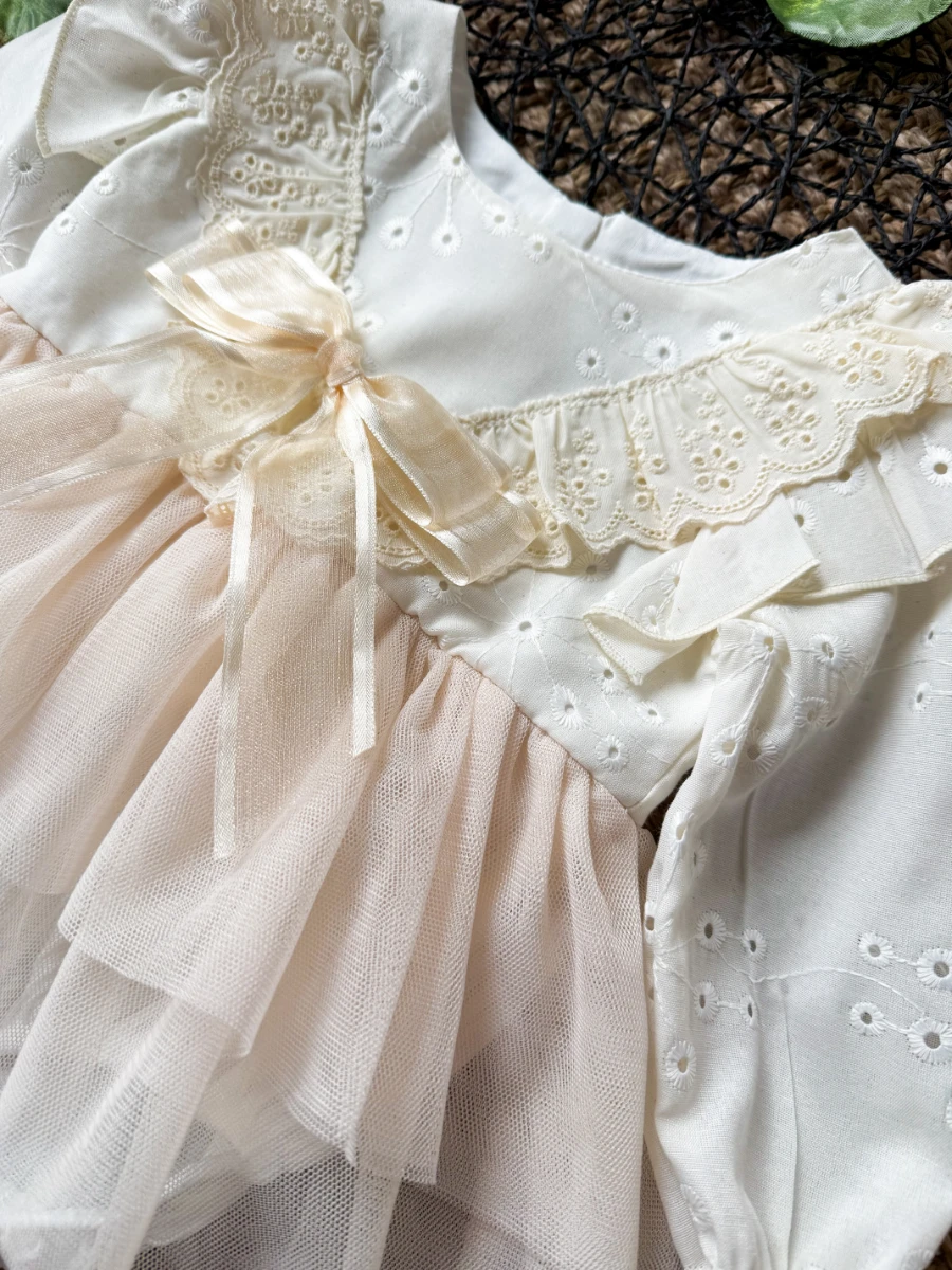 ELİSE Krem Yumuşak Tütü Romper Uzun Kollu Kız Bebek Elbise  - KREM