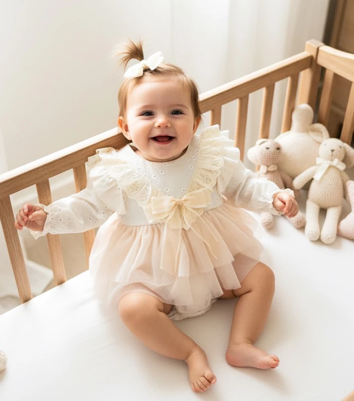 ELİSE Krem Yumuşak Tütü Romper Uzun Kollu Kız Bebek Elbise  - KREM