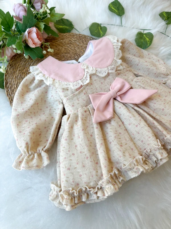 BETTY Kız Bebek Uzun Kollu Dantel Yaka Detaylı Özel Gün Bayramlık Elbise - PUDRA