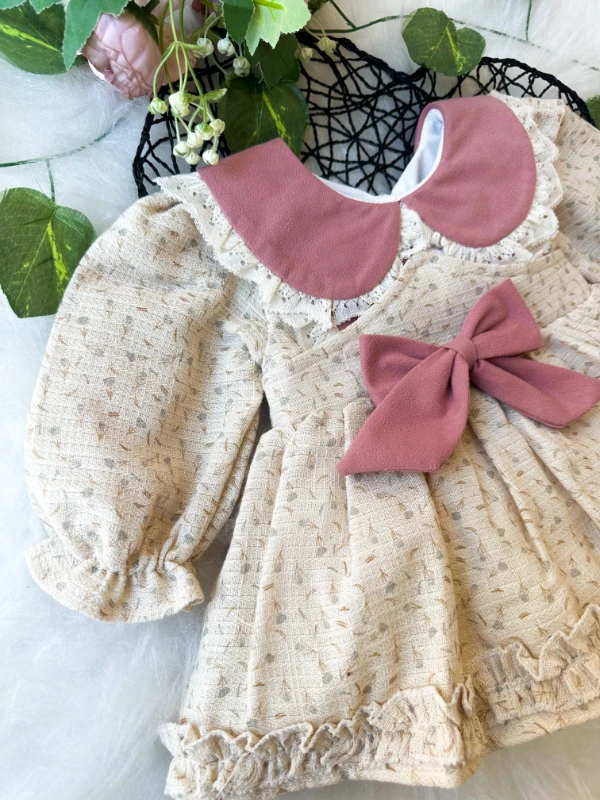 BETTY Kız Bebek Uzun Kollu Dantel Yaka Detaylı Özel Gün Bayramlık Elbise - GÜL KURUSU