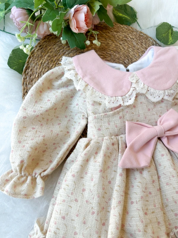 BETTY Kız Bebek Uzun Kollu Dantel Yaka Detaylı Özel Gün Bayramlık Elbise - PUDRA