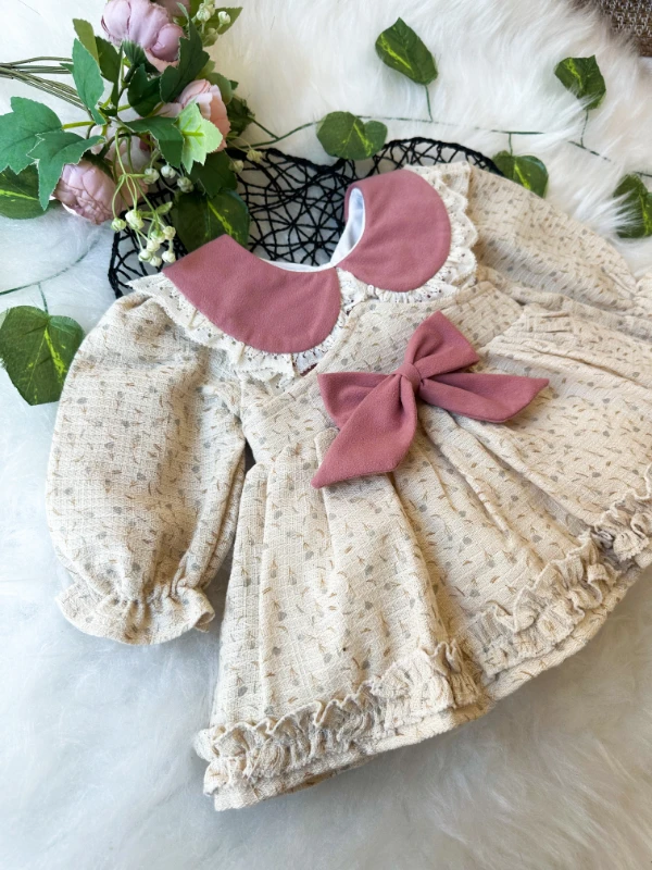 BETTY Kız Bebek Uzun Kollu Dantel Yaka Detaylı Özel Gün Bayramlık Elbise - GÜL KURUSU