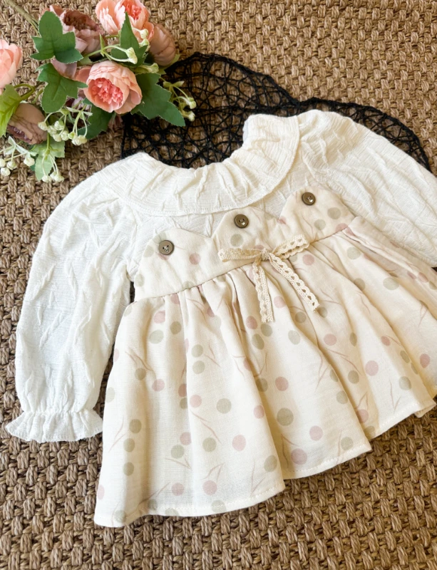 CLARA Uzun Kollu Etekli Özel Gün Bayramlık Kız Bebek Elbise - PUDRA