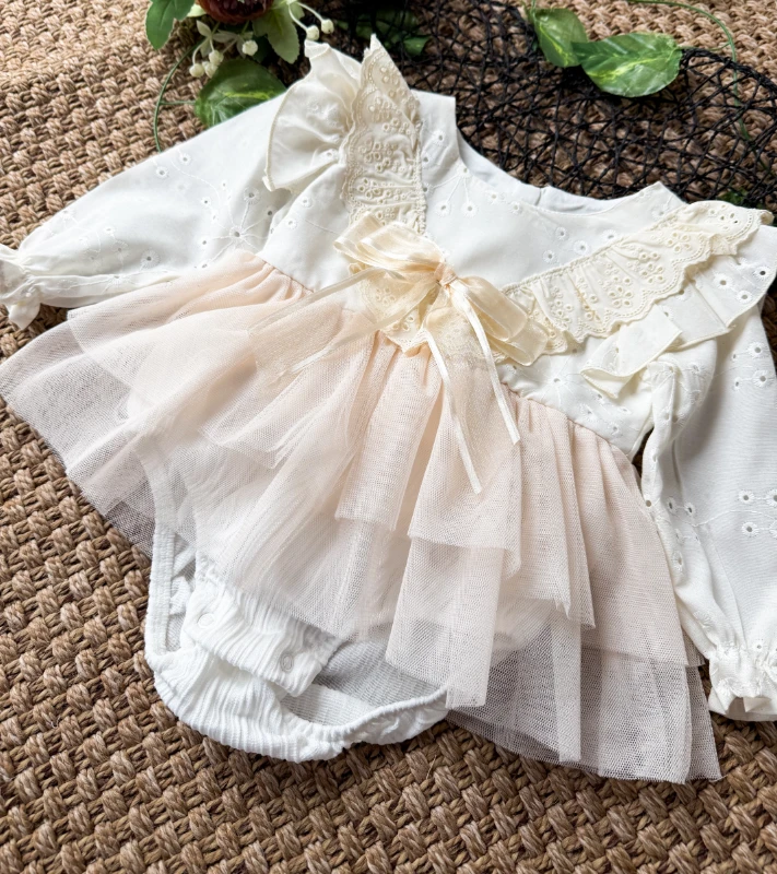 ELİSE Krem Yumuşak Tütü Romper Uzun Kollu Kız Bebek Elbise  - KREM