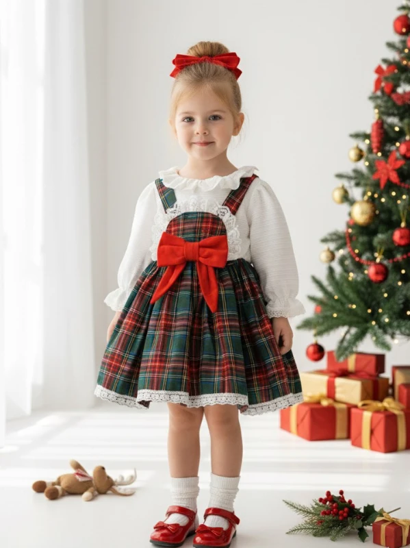 BELİNAY Kız Çocuk Yılbaşı Uzun Kol Tütü Prenses Ekoseli Vintage Elbise  - YEŞİL