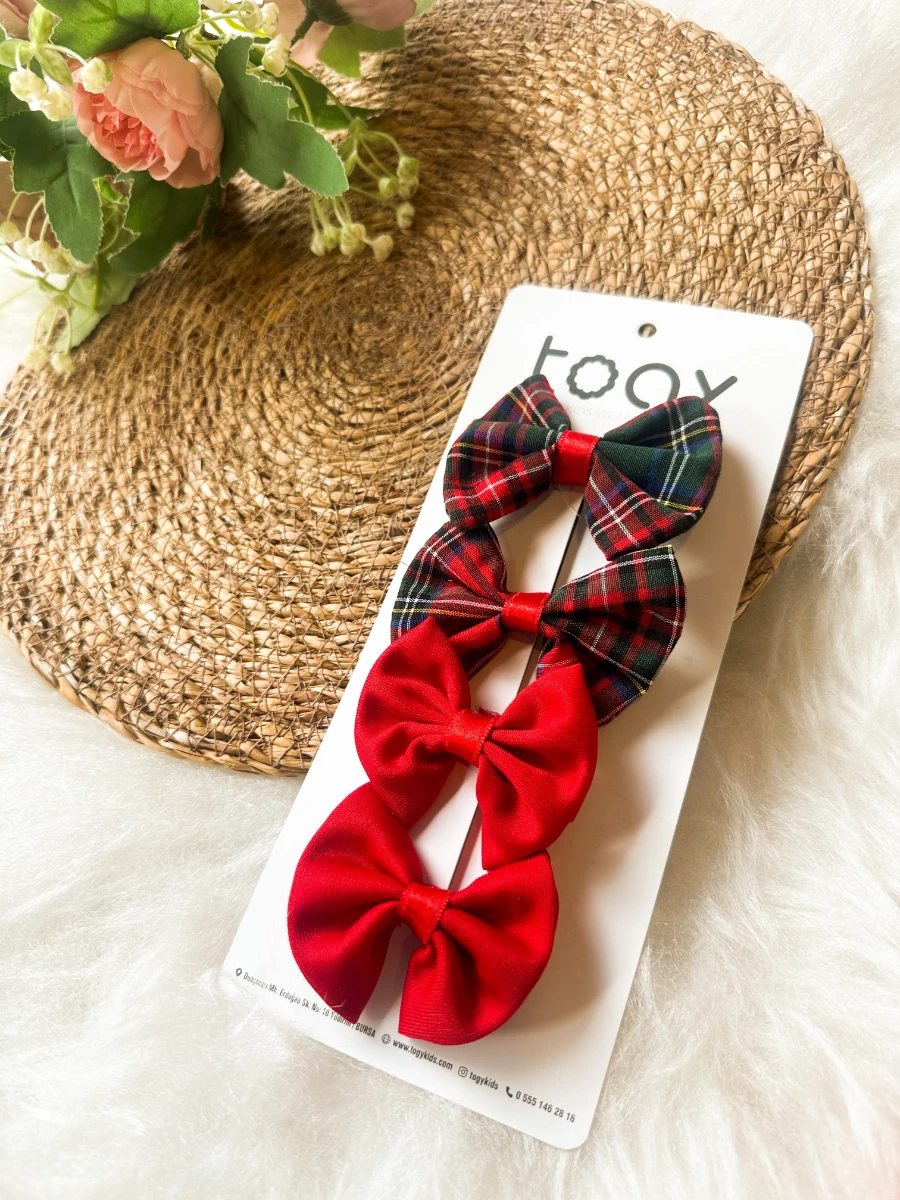 Ekose Desenli ve Kırmızı Renk Kurdeleli Kız Çocuk Bebek Toka Seti - KIRMIZI