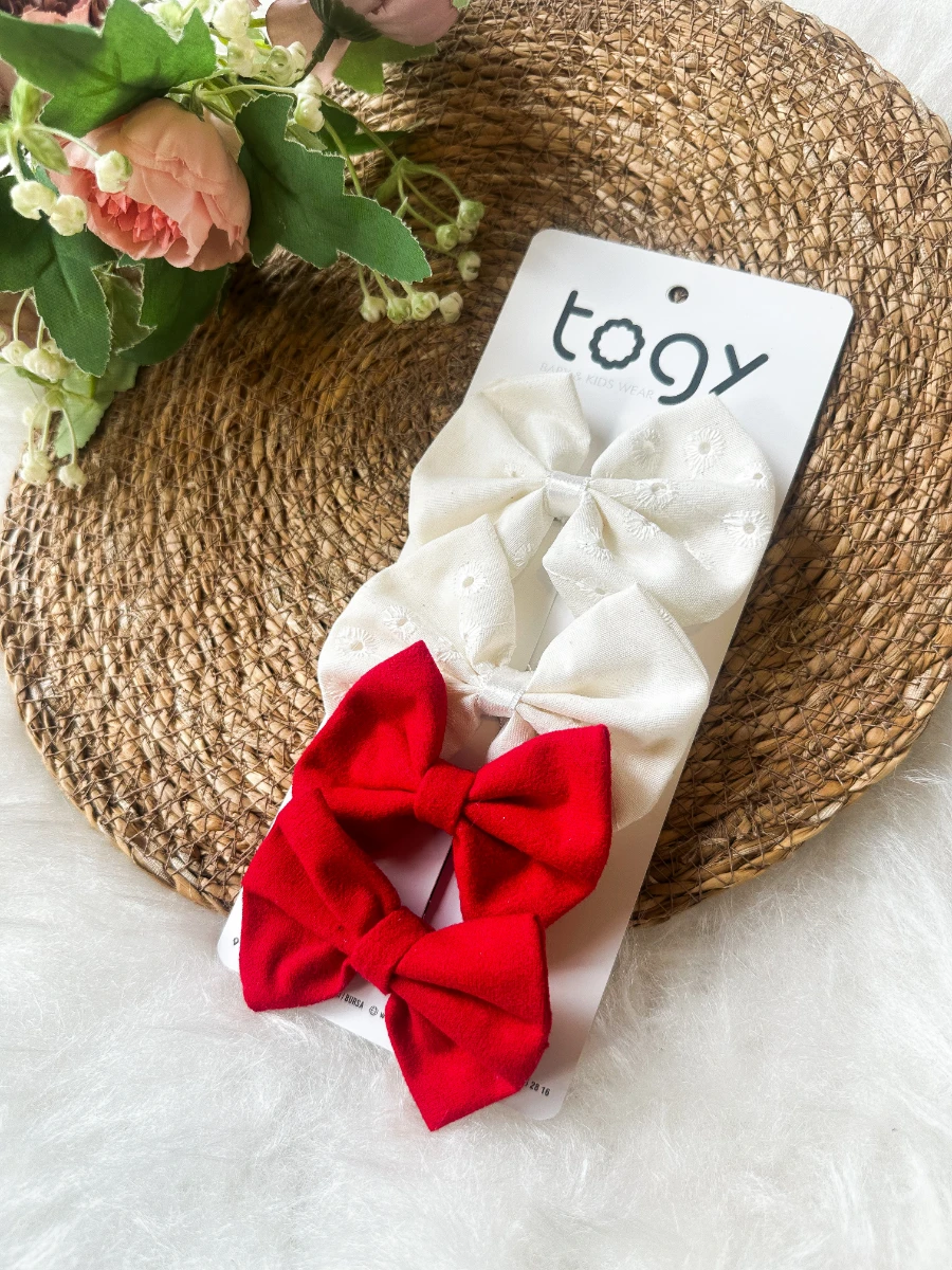 Kırmızı ve Beyaz Fiyonk Kız Çocuk Bebek Toka Seti - KIRMIZI