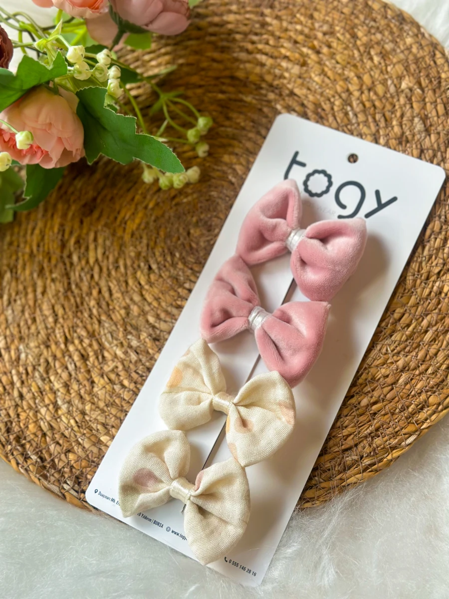 Pembe Kadife ve Krem Puantiyeli Kız Çocuk Bebek Toka Seti - PEMBE