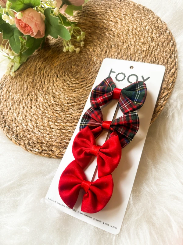 Ekose Desenli ve Kırmızı Renk Kurdeleli Kız Çocuk Bebek Toka Seti - KIRMIZI