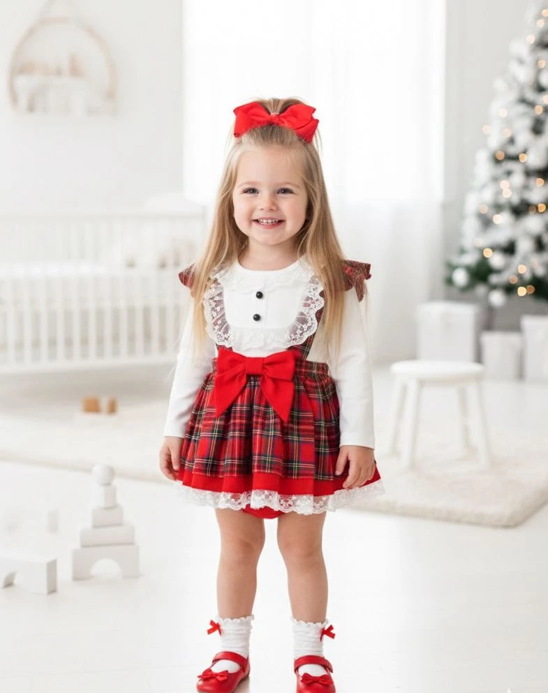 AYLA Ekose Desenli Yılbaşı Kız Bebek Elbise - KIRMIZI