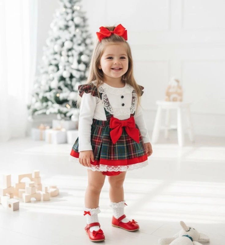 AYLA Ekose Desenli Yılbaşı Kız Bebek Elbise - YEŞİL