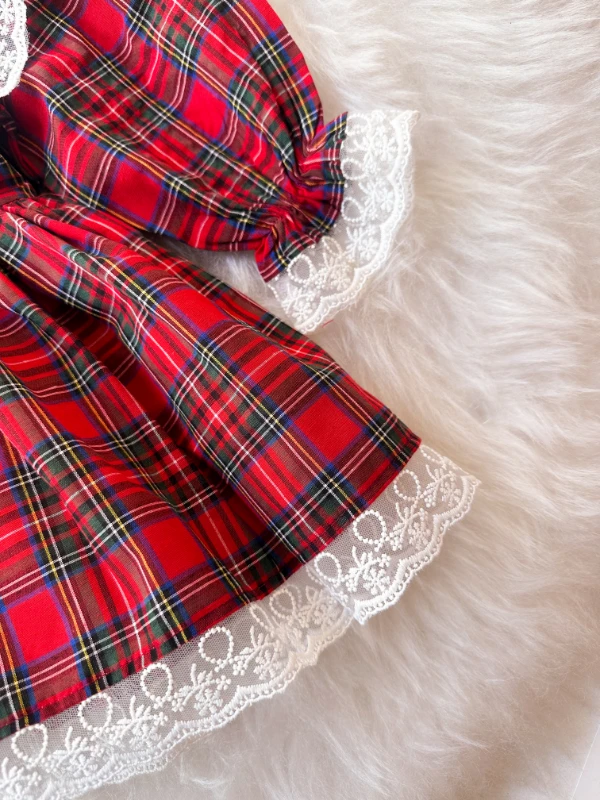 ALESSİ Kız Çocuk Yılbaşı Uzun Kol Tütü Prenses Ekoseli Vintage Elbise  - KIRMIZI