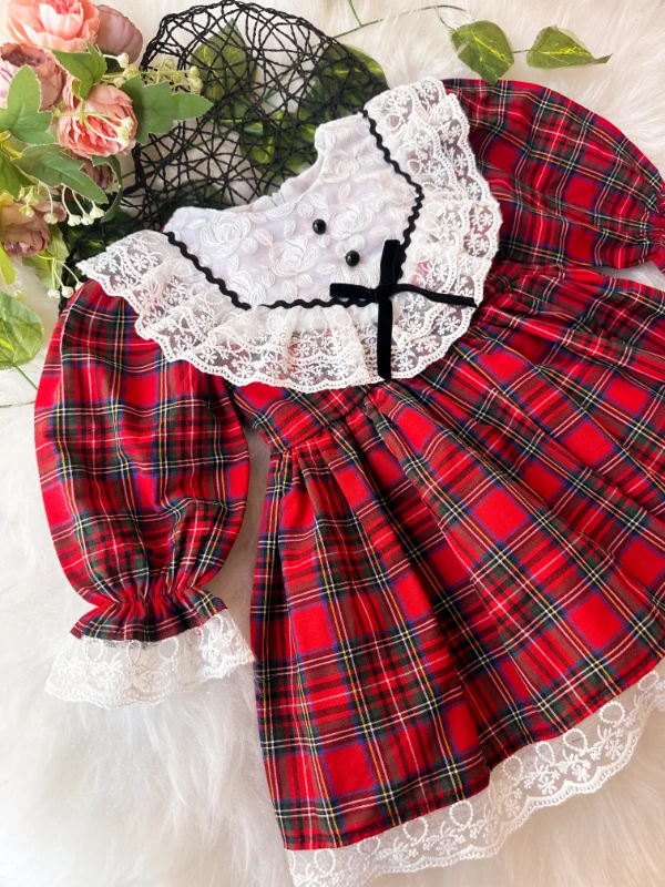 ALESSİ Kız Çocuk Yılbaşı Uzun Kol Tütü Prenses Ekoseli Vintage Elbise  - KIRMIZI