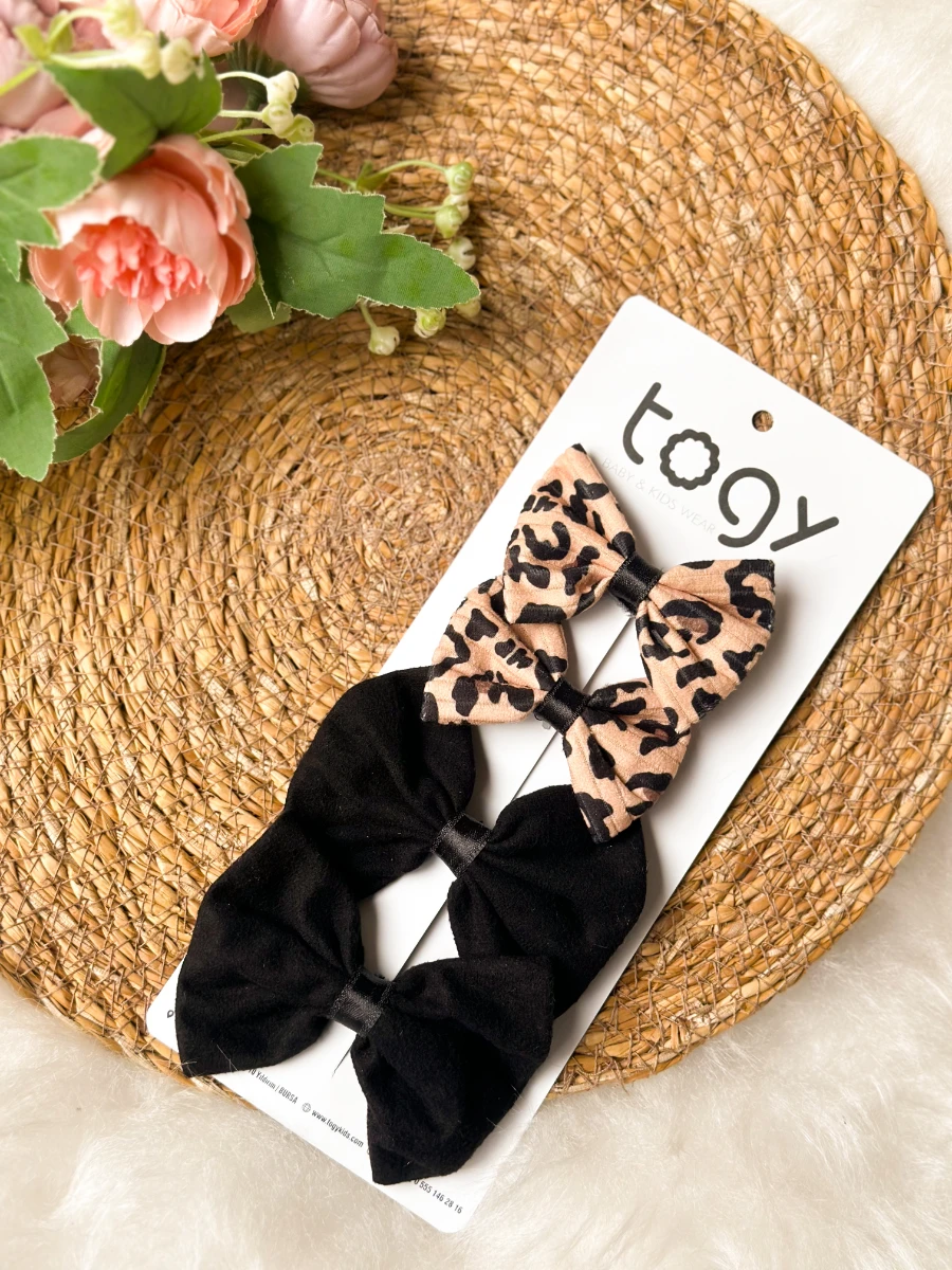 Leopar Desenli ve Siyah Fiyonklu Kız Çocuk Bebek Toka Seti  - SİYAH