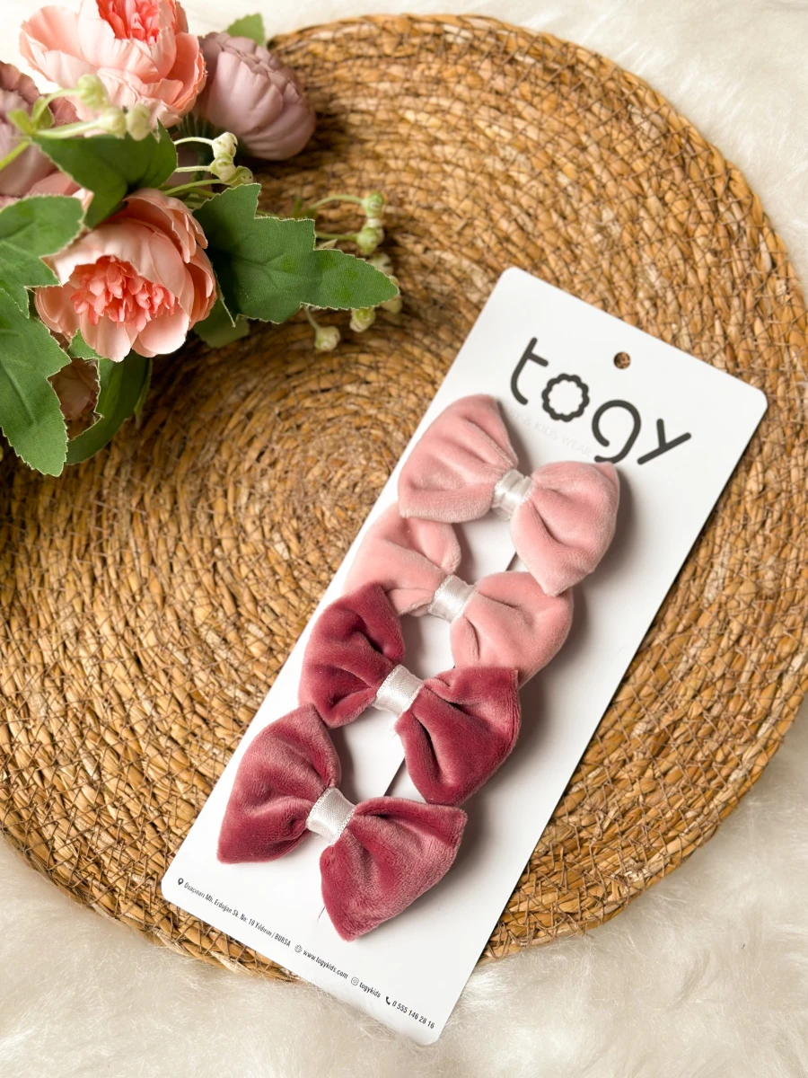 Pembe ve Gül kurusu Kadife Kız Çocuk Bebek Toka Seti - PEMBE