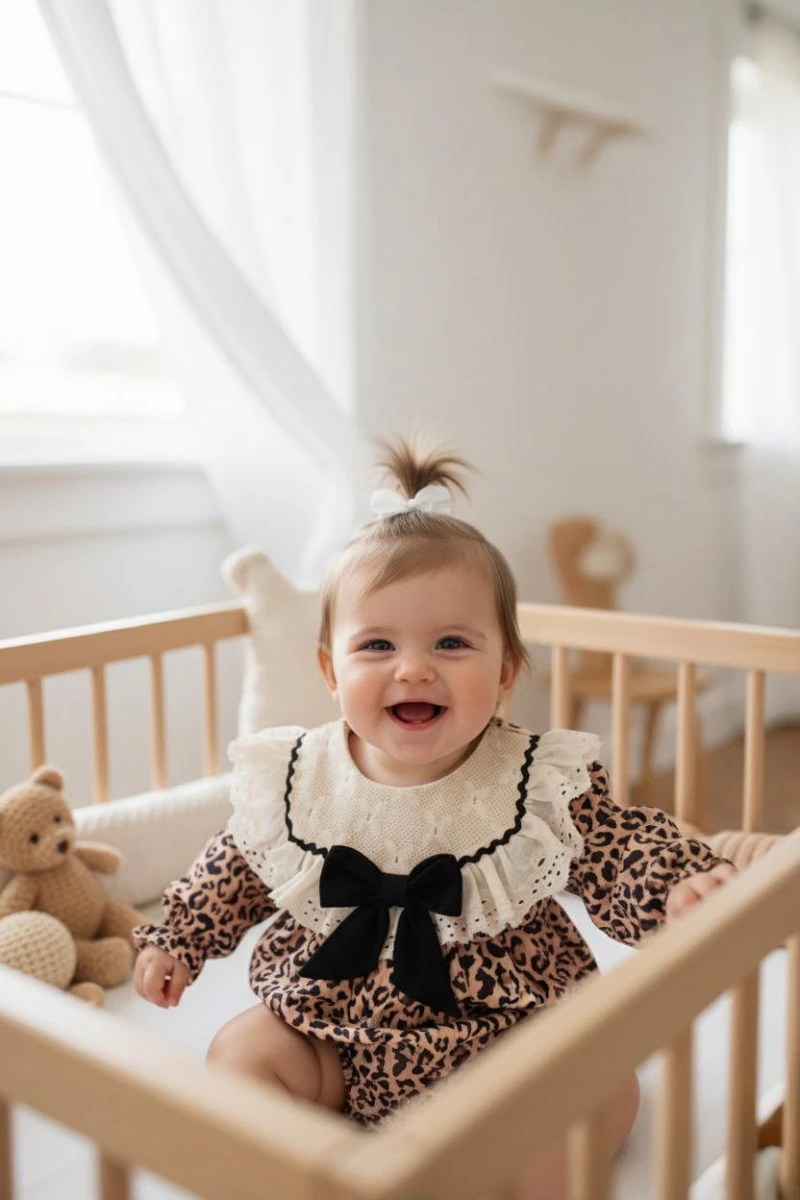 AMELIA Leopar Desenli Dantel Yaka Detaylı Fiyonklu Kız Bebek Çocuk Romper  - KAHVERENGİ