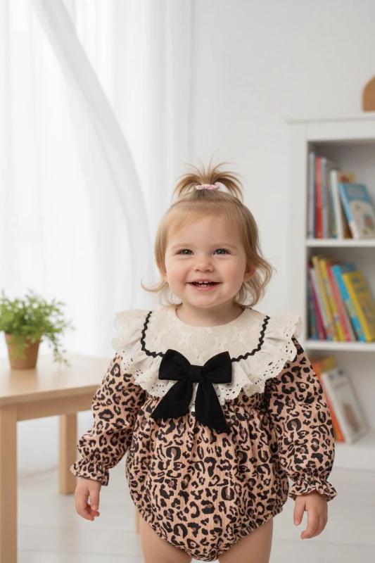 AMELIA Leopar Desenli Dantel Yaka Detaylı Fiyonklu Kız Bebek Çocuk Romper  - KAHVERENGİ